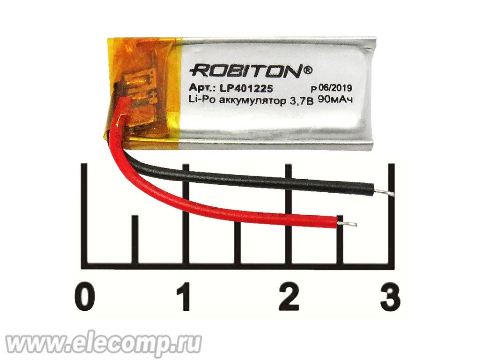 Аккумулятор 3.7V 0.09A 27*12*4 LP401225 Lithium polymer Robiton