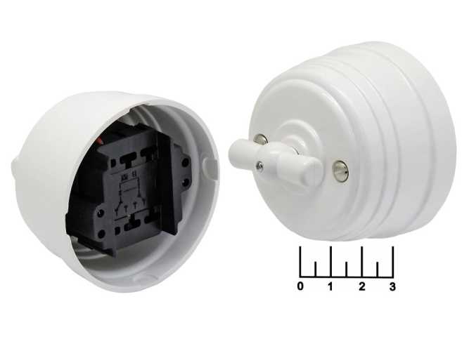 Выключатель поворотный накладной проходной (ретро) с ручкой белый 10A Усадьба