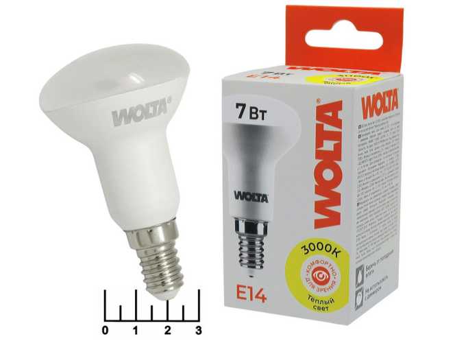 Лампа светодиодная R50 220V 7W E14 3000K белый теплый Wolta (50*85) (25SY50R7E14)