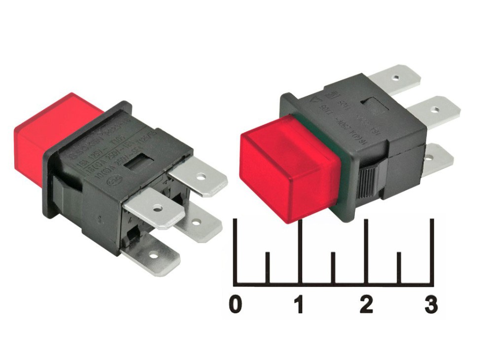 Кнопка PS23-16 красная с фиксацией 4 контакта SC-7097 (подсветка 220V)