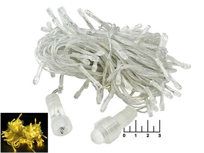 Гирлянда 96 светодиодов белая теплая 10м с трансформатором (прозрачная нить)