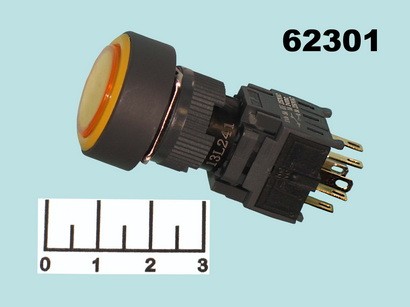 Кнопка M16-371Y желтая с фиксацией 6 контактов (подсветка 220V)