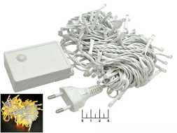 Гирлянда 100 светодиодов желтая 10м с контроллером (белая нить) для улиц